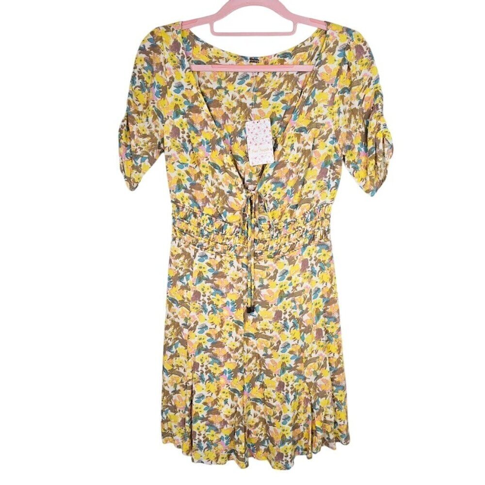 NWT FREE PEOPLE Forget Me Not Mini Dress size 0 XS LILY YELLOW BLUE PINK FLORAL